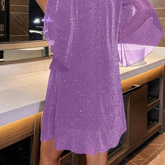 Purple Party Women's Sparkly Flare Sleeves Dress - Picture 3 of 8